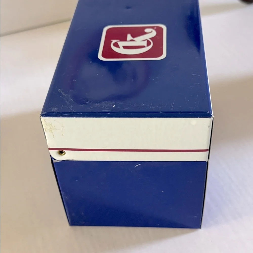 Vintage Blue and White Metal Recipe Box Cambridge Kitchen Graphic Cottagecore